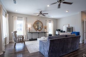 Shreveport apartment for rent - A living room with a grey couch, a chair, a mirror, and a ceiling fan.