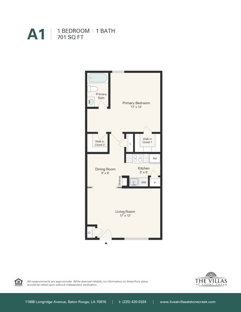 Floor plan for 1 bed, 1 bath, 738 sqft