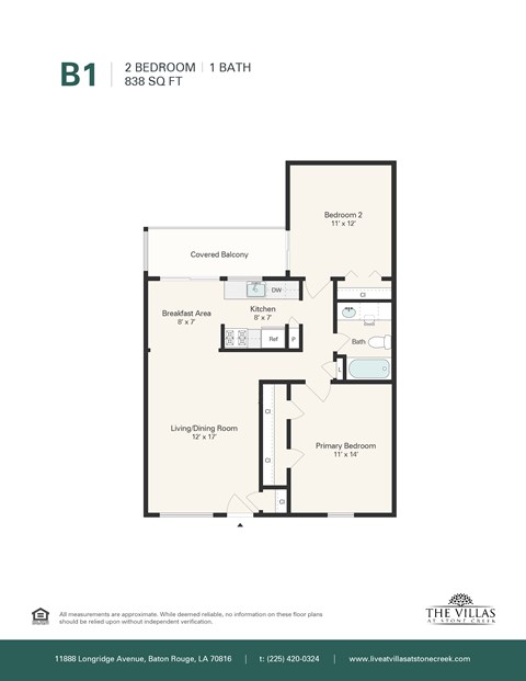 Floor plan for 2 beds, 1 bath, 940 sqft