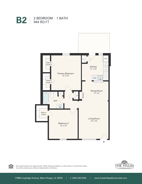 Floor plan for 2 beds, 1 bath, 945 sqft