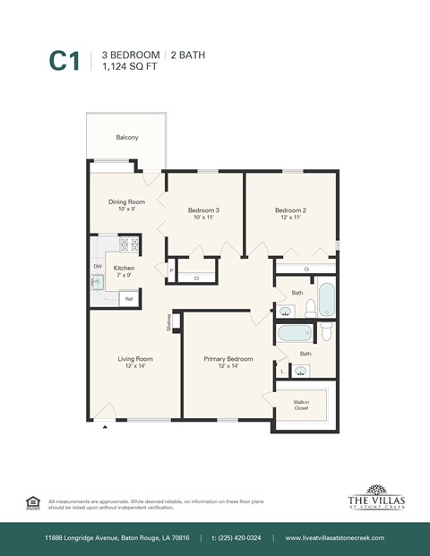Floor plan for 3 beds, 2 baths, 1125 sqft