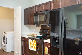 Baton Rouge apartment for rent - a kitchen with black appliances and a black refrigerator