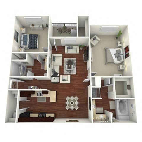 Floor plan for 2 beds, 2 baths, 1270 sqft
