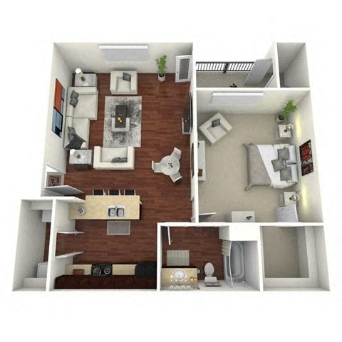 Floor plan for 1 bed, 1 bath, 899 sqft
