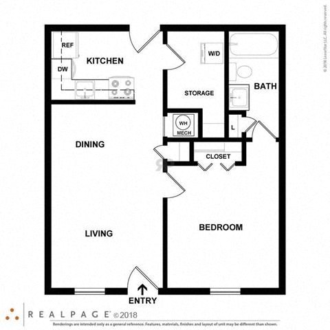 Floor plan for 1 bed, 1 bath, 654 sqft