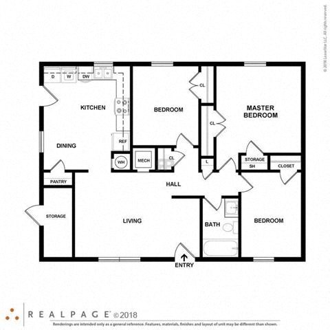 Floor plan for 3 beds, 1 bath, 1234 sqft
