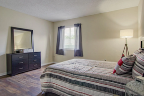 Jackson apartment for rent - A bedroom with a bed, nightstand, and a dresser with a mirror.