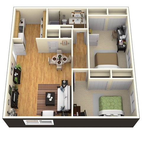 Floor plan for 2 beds, 1 bath, 901 sqft