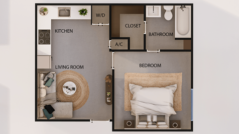 Floor plan for 1 bed, 1 bath, 480 sqft