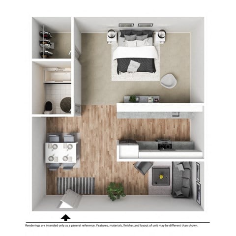 Floor plan for 1 bed, 1 bath, 595 sqft