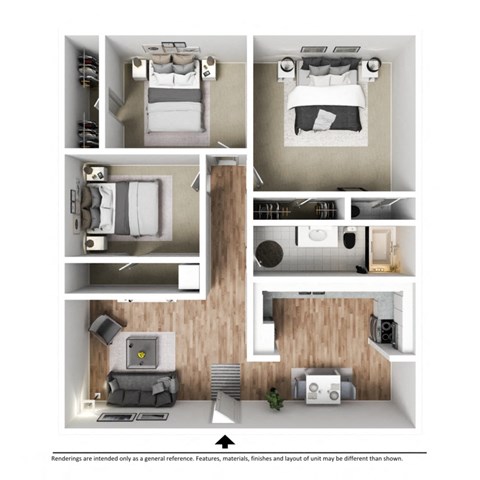 Floor plan for 3 beds, 2 baths, 980 sqft