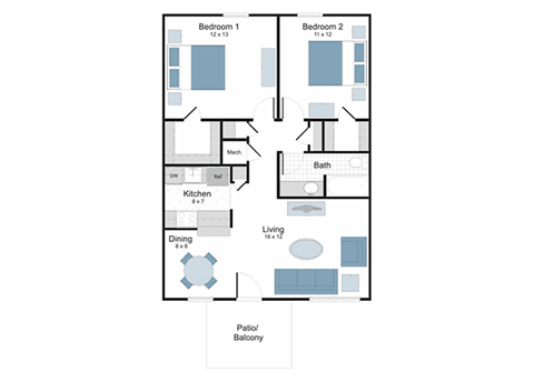 Floor plan for 2 beds, 1 bath, 811 sqft