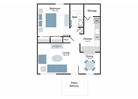 Floor plan for 1 bed, 1 bath, 649 sqft