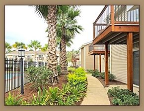 Slidell apartment for rent - A palm tree stands in a garden next to a building.