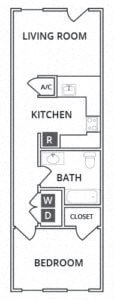 Floor plan for 1 bed, 1 bath, 610 sqft
