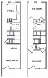 Floor plan for 2 beds, 1.5 baths, 987 sqft