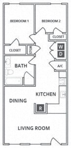 Floor plan for 2 beds, 1 bath, 987 sqft