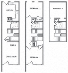 Floor plan for 3 beds, 2.5 baths, 1219 sqft