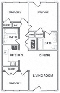 Floor plan for 3 beds, 2 baths, 1219 sqft