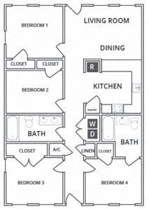 Floor plan for 4 beds, 2 baths, 1300 sqft