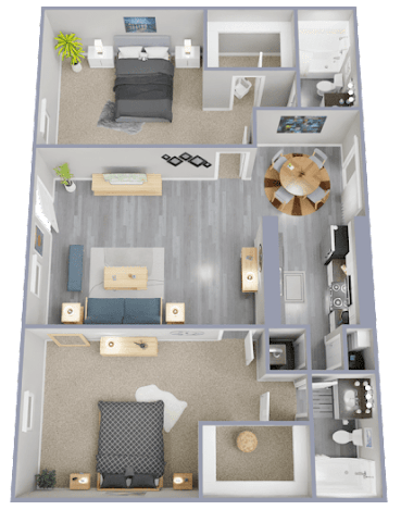 Floor plan for 2 beds, 2 baths, 857 sqft