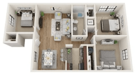 Floor plan for 3 beds, 1 bath, 969 sqft