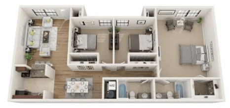 Floor plan for 3 beds, 2 baths, 1116 sqft