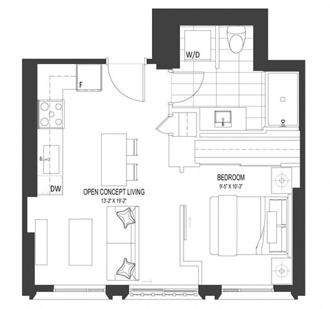 Floor plan for 1 bed, 1 bath, 521 sqft