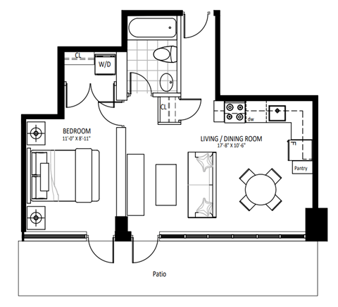 Floor plan for 1 bed, 1 bath, 502 sqft