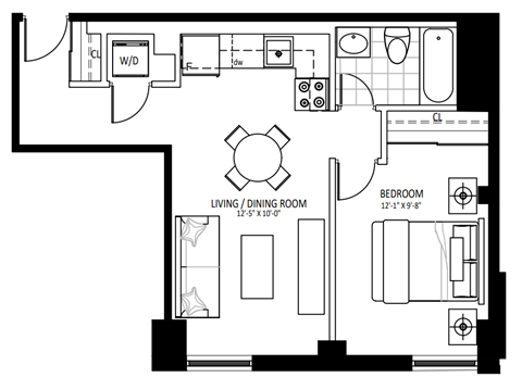 Floor plan for 1 bed, 1 bath, 539 sqft