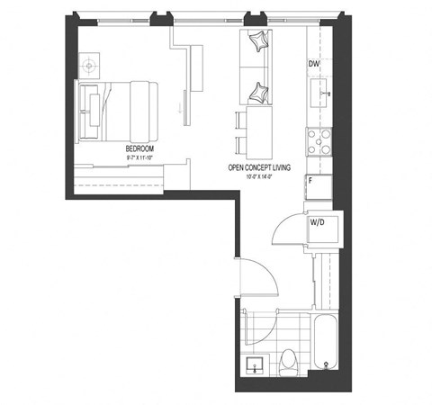 Floor plan for 1 bed, 1 bath, 528 sqft
