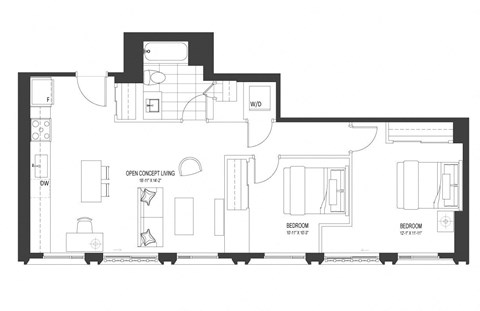 Floor plan for 2 beds, 1 bath, 913 sqft
