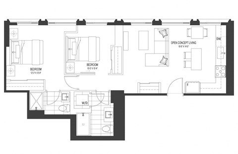 Floor plan for 2 beds, 1 bath, 923 sqft