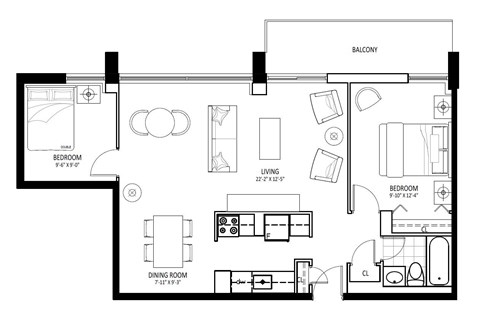 Floor plan for 2 beds, 1 bath, 808 sqft