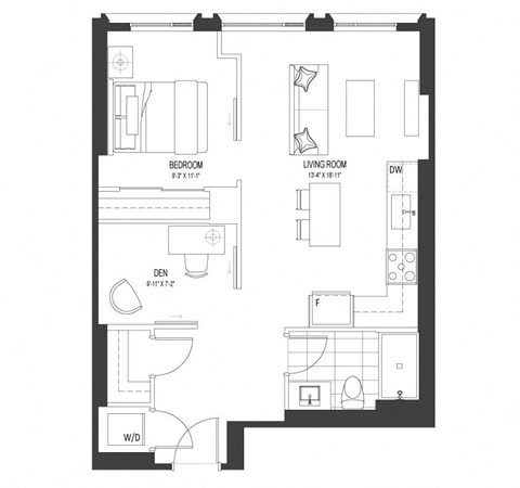 Floor plan for 1 bed, 1 bath, 725 sqft
