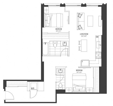 Floor plan for 2 beds, 1.5 baths, 969 sqft