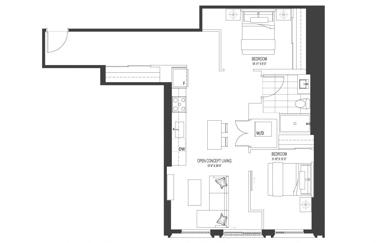Floor plan for 2 beds, 1 bath, 1001 sqft