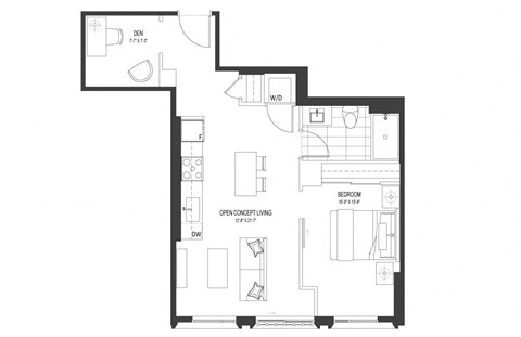 Floor plan for 1 bed, 1 bath, 689 sqft