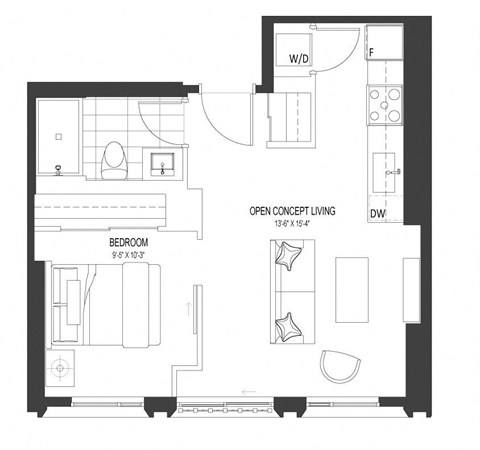 Floor plan for 1 bed, 1 bath, 529 sqft
