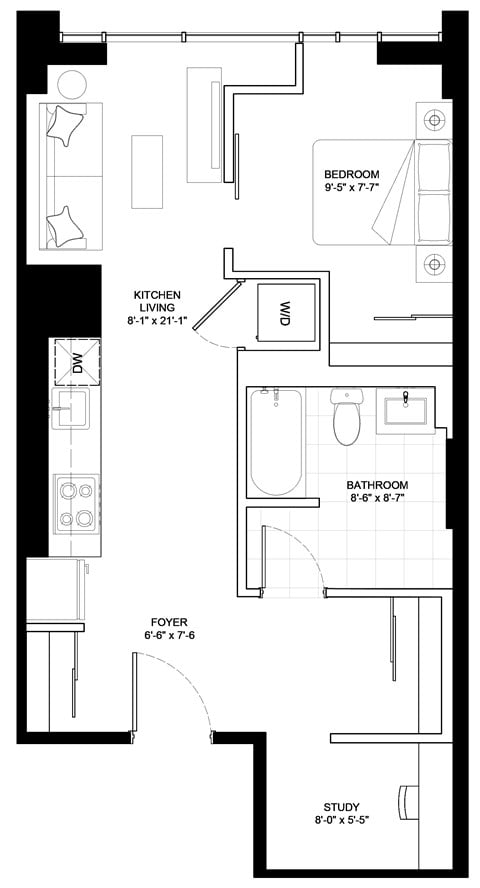 Floor plan for 1 bed, 1 bath, 692 sqft