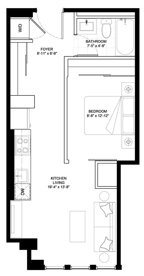 Floor plan for 1 bed, 1 bath, 521 sqft