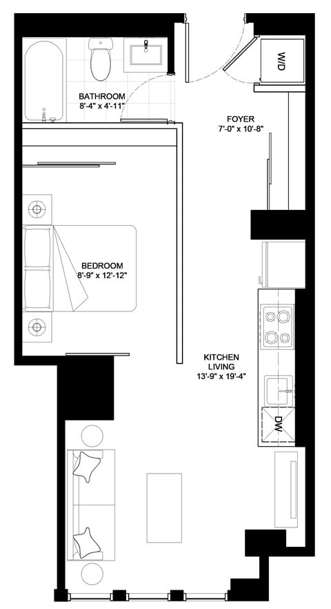 Floor plan for 1 bed, 1 bath, 521 sqft
