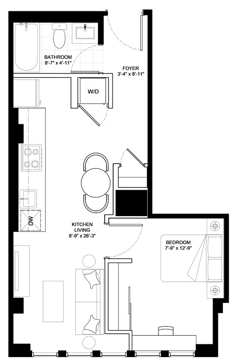 Floor plan for 1 bed, 1 bath, 552 sqft