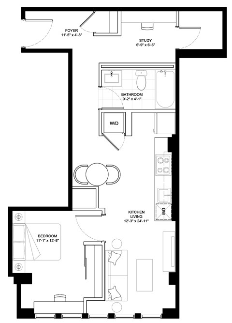 Floor plan for 1 bed, 1 bath, 684 sqft