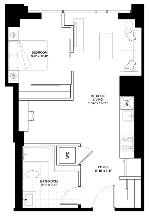 Floor plan for 1 bed, 1 bath, 604 sqft