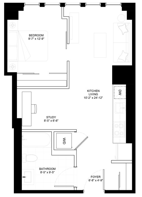 Floor plan for 1 bed, 1 bath, 615 sqft