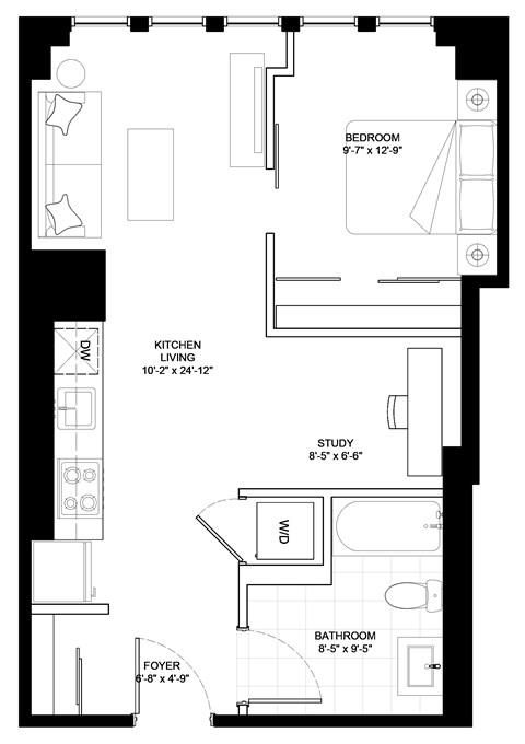 Floor plan for 1 bed, 1 bath, 615 sqft