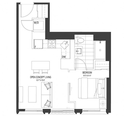 Floor plan for 1 bed, 1 bath, 535 sqft