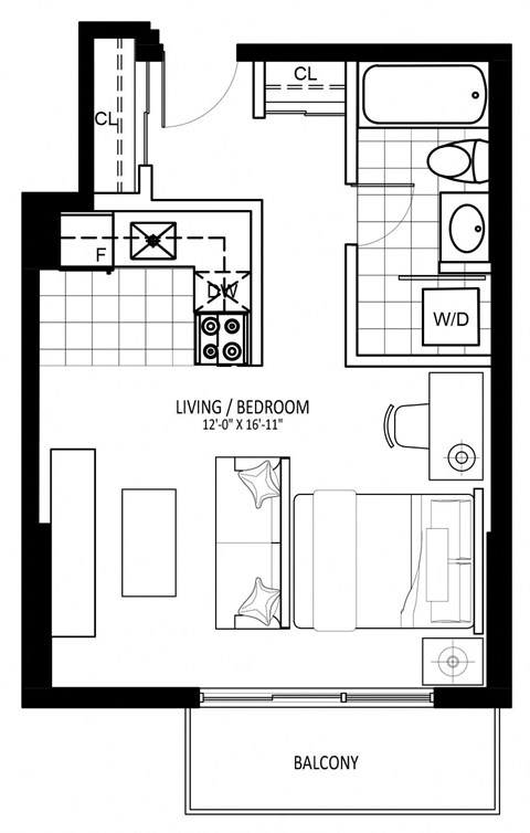 Floor plan for studio, 1 bath, 421 sqft