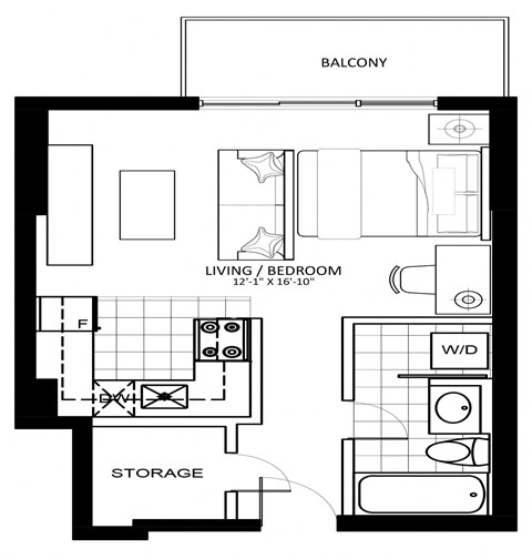Floor plan for studio, 1 bath, 427 sqft